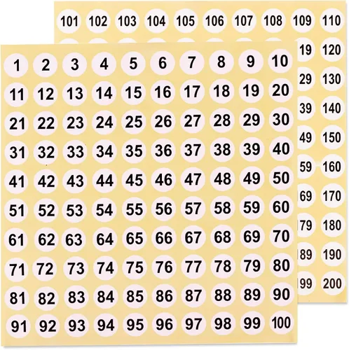 Vista 11 de 12 hojas de 1 a 200 calcomanías de vinilo con números consecutivos, 3 juegos de etiquetas autoadhesivas impermeables de 1 pulgada, calcomanías