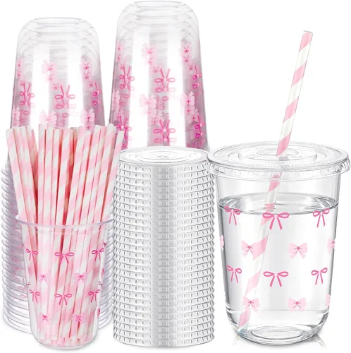 Vista 18 de LemonRoad - Juego de 50 tazas de lazo rosa de 16 onzas para decoración