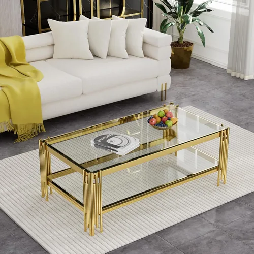 Vista 22 de Mesa de centro rectangular moderna de vidrio con parte superior de cristal templado negro y marco de acero inoxidable para sala de estar