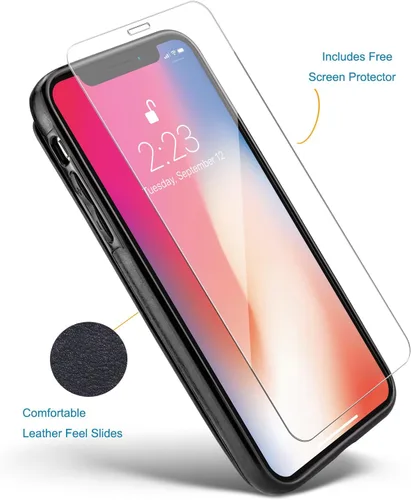 Vista 6 de Funda tipo cartera compatible con iPhone X/XS, funda protectora delgada con tarjetero y ranuras para tarjetas de piel sintética de alta calidad
