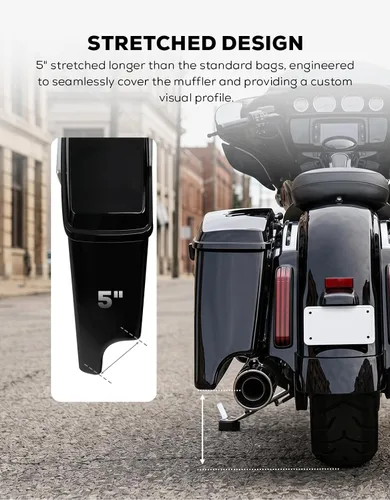 Vista 6 de XFMT Alforjas rígidas extendidas de 5 pulgadas para motocicleta, color negro vivo, con pestillos negros para Harley Touring Road King Street Glide