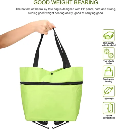 Vista 2 de Bolsa de compras plegable 2 en 1, carrito de compras plegable ligero, carrito de compras con ruedas, plegable, bolsa de compras plegable