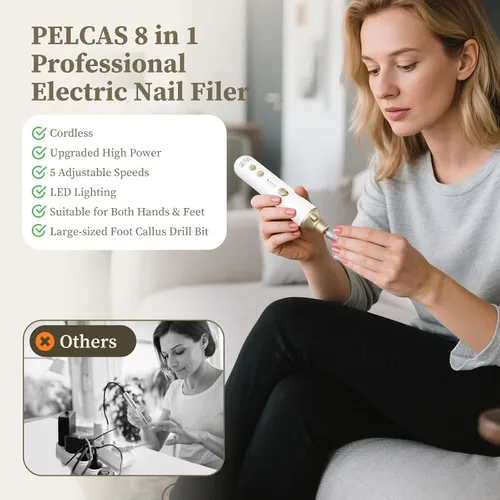 Vista 4 de PELCAS Taladro de uñas inalámbrico 8 en 1, lima de uñas eléctrico de 5 velocidades, kit de manicura y pedicura con luz LED, removedor eléctrico