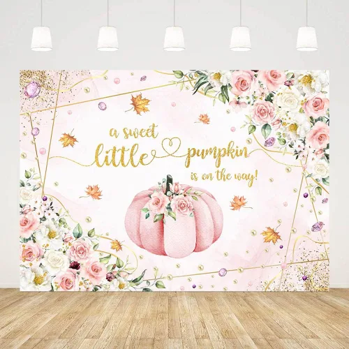 Vista 3 de AIBIIN Telón de fondo de calabaza para baby shower de 7 x 5 pies para niñas, calabaza rosa floral, baby shower, fondo de fotografía de otoño