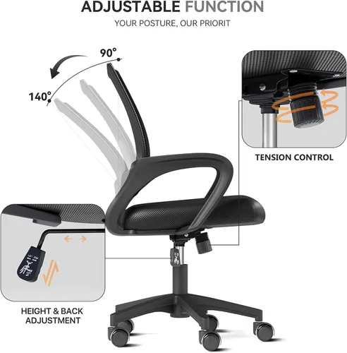Vista 6 de Silla de oficina ergonómica, silla de escritorio de malla con respaldo medio, silla de computadora, color negro Soporte lumbar, modo oscilante