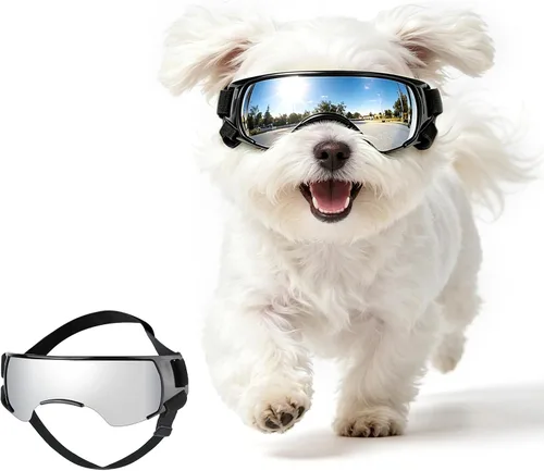 Vista 11 de Paquete de 2 gafas de sol para perros de raza mediana a grande, protección ocular anti-UV con correas ajustables, color plateado Paquete de 2
