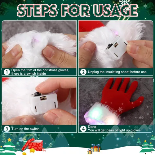 Vista 3 de Suhine 10 pares de guantes rojos de Navidad iluminados con luz LED, guantes cortos de disfraz con puño peludo blanco, guantes de Papá Noel