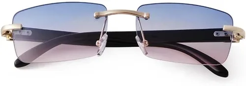 Vista 3 de Lentes de sol rectangulares de metal dorado con lente tintada, patillas de madera de los años 90, gafas retro para mujeres y hombres