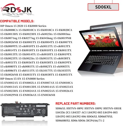 Vista 3 de SD06XL - Batería para portátil HP Omen 15-EK 15-EK0000 15-EN 15-EN0000 15-EK0051TX 15-EK0009TX 15-EN0029NR 15-EN0036NR Series SD06070XL HSTNN-DB9U