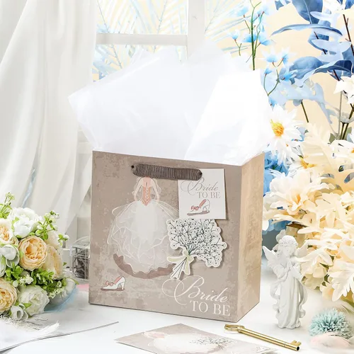 Vista 5 de MAYPLUSS Bolsa de regalo de boda mediana de 10 pulgadas con tarjeta de felicitación y papel de seda para aniversario, despedida de soltera, novia
