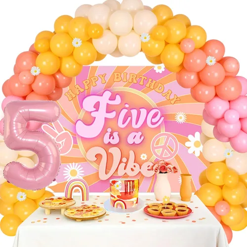 Vista 8 de Cheereveal Five is a Vibe - Decoraciones de fiesta de cumpleaños, Groovy Kit de guirnalda de arco de globos de 5º cumpleaños – Globo de aluminio