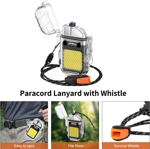 Vista 6 de SUPRUS Mechero impermeable de 3 modos de linterna, encendedor resistente al viento, eléctrico de arco doble recargable, encendedor de plasma de arco