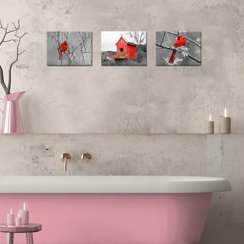 Vista 6 de SkenoArt 3 piezas de lienzo en blanco y negro para pared, póster cardenal rojo, pájaros, animales salvajes, pintura de paisajes de invierno