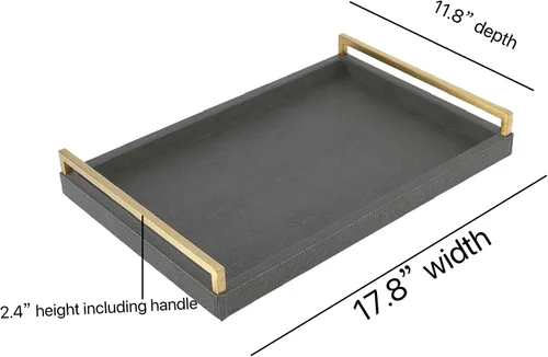 Vista 2 de Bandeja para servir de piel sintética con mango de acero inoxidable cepillado Ti-Gold, con textura de papel rugoso o mármol. Gris Oscuro