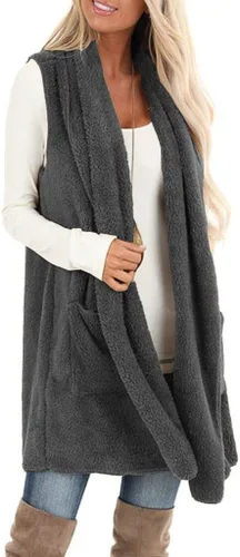 Vista 2 de ReachMe Chaleco de sherpa sin mangas para mujer con bolsillos con solapa frontal abierto de forro polar, suéter mullido