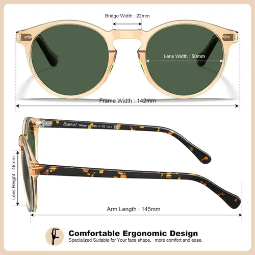 Vista 20 de CARFIA Gafas de sol redondas de acetato para hombre, polarizadas, protección UV, gafas de sol clásicas retro CA5289L