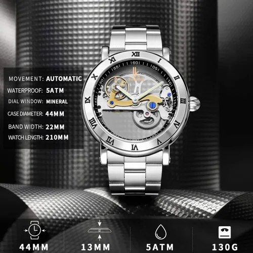 Vista 3 de Gute Relojes para hombre, mecánico automático automático, impermeable, transparente, transparente, transparente, steampunk, números romanos, caja