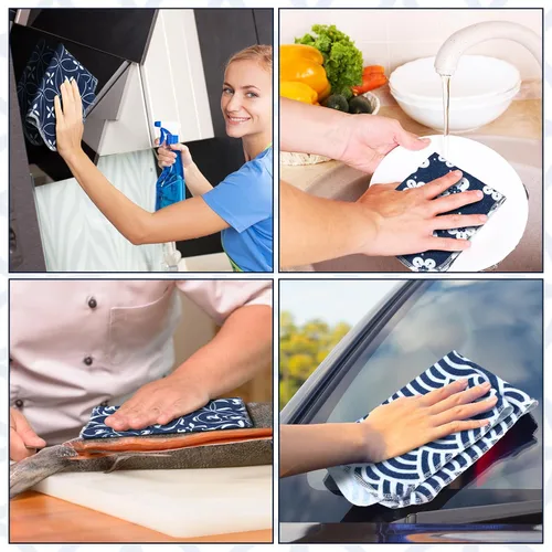 Vista 4 de Paquete de 36 paños de cocina japoneses reutilizables, trapos de limpieza lavables de algodón para el hogar (Azul)