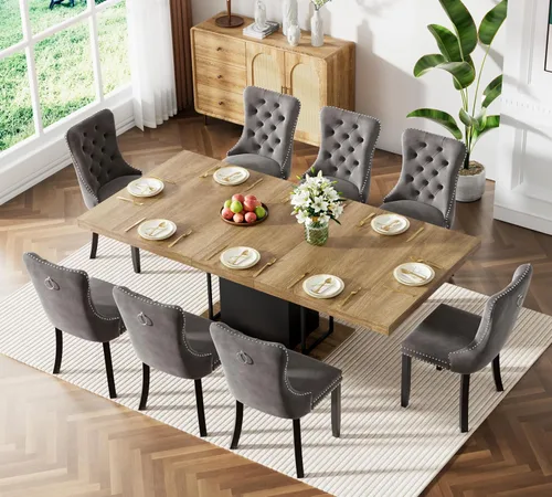 Vista 63 de Mesa de comedor extensible de 78.74 pulgadas para 6 8 y 10 pulgadas, moderna mesa de comedor extensible de granja con base de doble pedestal, mesa