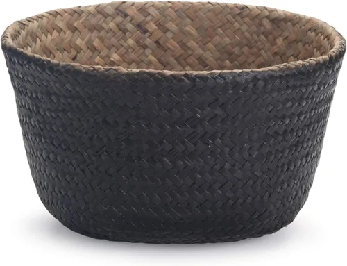 Vista 2 de Cesta de almacenamiento de hierba marina, cesta de almacenamiento tejida natural (negro 7 pulgadas D x 8 pulgadas A)
