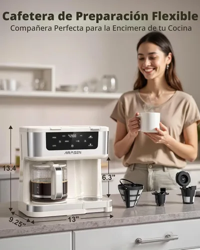 Vista 2 de AIRMSEN Cafetera dual programable de 12 tazas – Máquina de una sola porción para K-Pods y molido, preparación rápida de 1000 W, inicio retardado