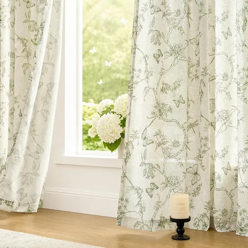 Vista 4 de Lazzzy Cortinas de lino floral verde con bolsillo para barra de granja, 50 Charlotte Verde