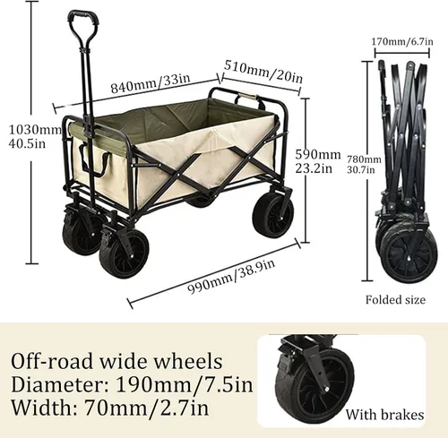 Vista 7 de Bgarden Carts,Beige Collapsible Wagon,Sports Outdoor Utility Wagon Folding Garden Wagon Sports Steel Frame Foldable Yard Car Camping Cart with Side