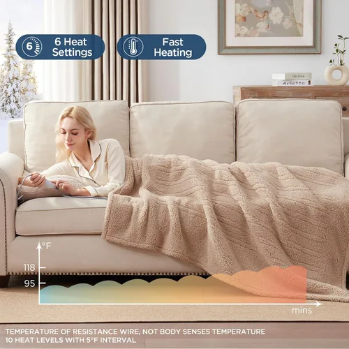 Vista 4 de Westinghouse Manta Eléctrica Tamaño Throw, Manta Térmica de Felpa Sherpa Suave con 6 Niveles de Calefacción y 2-10 Horas de Apagado Automático, Azul
