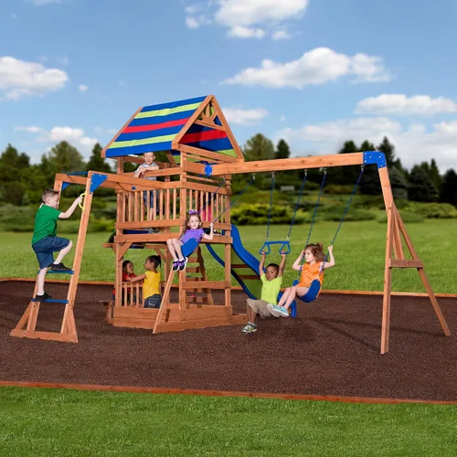Vista 9 de Backyard Discovery - Juego de columpio de madera de cedro frente a la playa con tobogán de olas, plataforma de juego, barras de mono, escalera