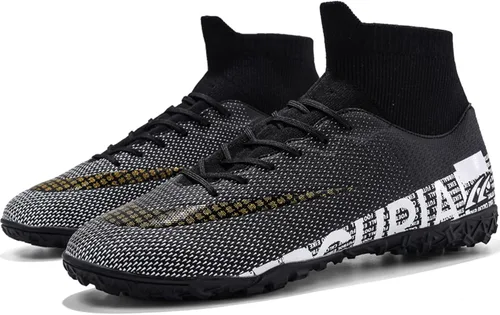 Vista 3 de Botas de fútbol para hombre con tacos altos con cordones, para interiores, firmes, para entrenamiento de césped y fútbol sala