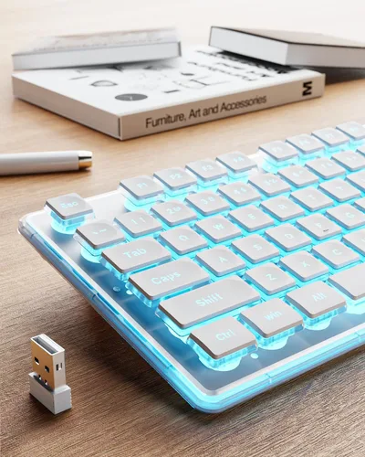 Vista 9 de SEUNKWANG EWEADN X7S - Teclado inalámbrico con retroiluminación blanca, panel de metal, teclado de computadora recargable de 2.4 G, luz silenciosa