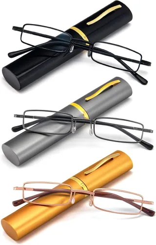Vista 10 de REAVEE - 2 unidades de gafas de lectura con bolígrafo delgado para hombres y mujeres, tamaño pequeño de bolsillo, tubo con bisagra de resorte
