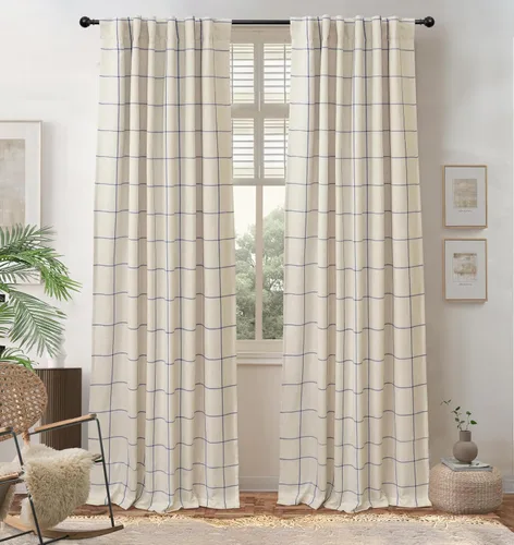 Vista 34 de DriftAway 2 paneles cortinas de lino a cuadros 100% opacas de doble capa cortinas para dormitorio de 96 pulgadas de largo estilo granja con Gris