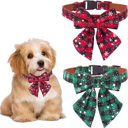 Vista 11 de ADOGGYGO Collar de Navidad para perro con pajarita, collar ajustable con corbatín para perro, collar de Navidad a cuadros rojos y verdes para perros