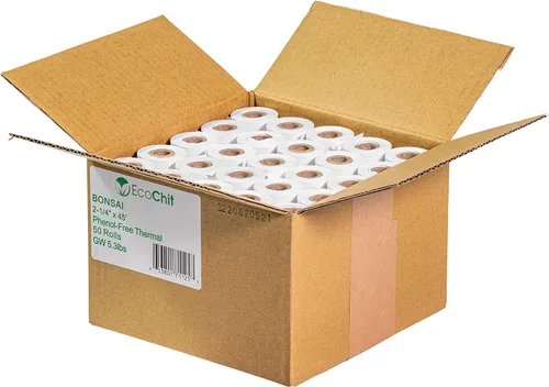 Vista 3 de Rollos de papel térmico sin fenol, 2-1/4 pulgadas x 45 pies, cada caja planta dos árboles, caja de 50