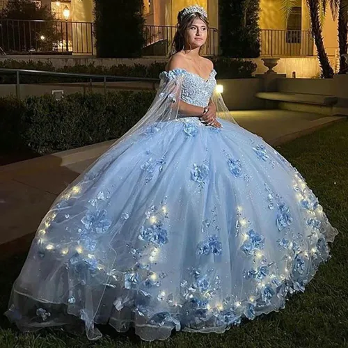 Vista 5 de Asulla Precioso vestido de quinceañera de flores 3D con capa desmontable fuera del hombro vestido de bola para dulces 16 fiesta 15 años