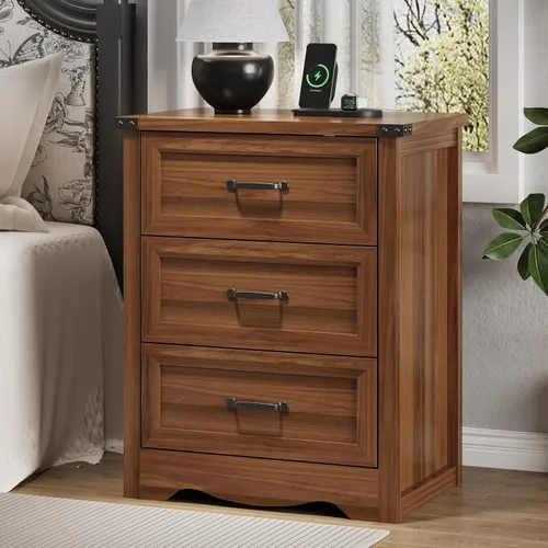 Vista 14 de Mesita de noche con 3 cajones, mesa auxiliar de 61 cm de ancho estilo granja, mesa de noche de madera rústica con asa metálica, cómoda moderna