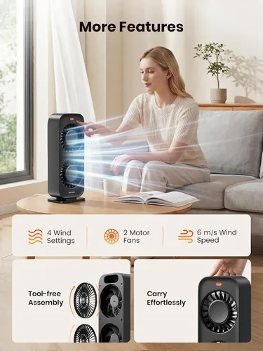 Vista 4 de Warmco Ventilador de torre de escritorio para dormitorio, ventilador de escritorio de alta velocidad de 19.7 ft/s de doble motor con 4 velocidades