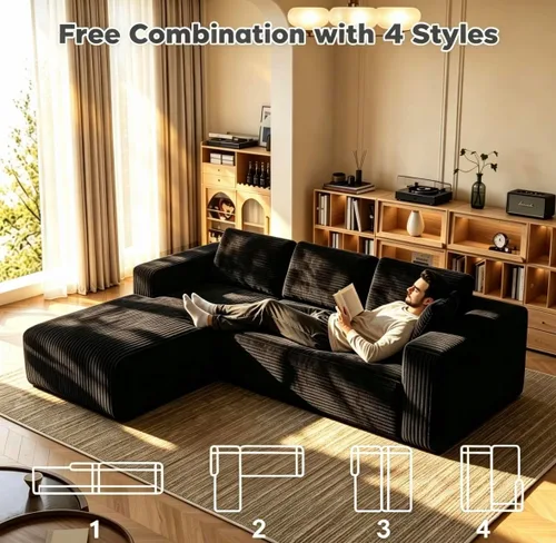 Vista 3 de Sofá modular de pana de 106 pulgadas, sofá en forma de L deshuesado con asiento profundo, sofá de espuma de nube con diván de gran tamaño, sofá Negro