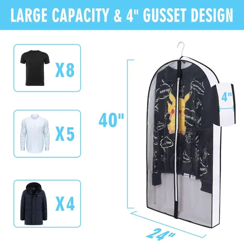 Vista 18 de Bolsas de ropa de 50 pulgadas para colgar ropa, fundas transparentes a prueba de trajes con refuerzos de 4 pulgadas para almacenamiento en armario