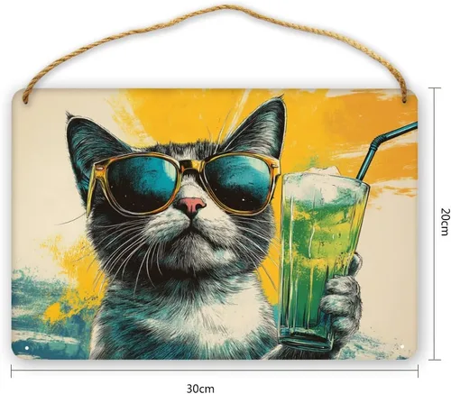 Vista 3 de Cartel de madera retro para fiesta de jugo de gato, 12 x 8 pulgadas, cartel colgante de madera vintage, póster de pared para comedor y sala