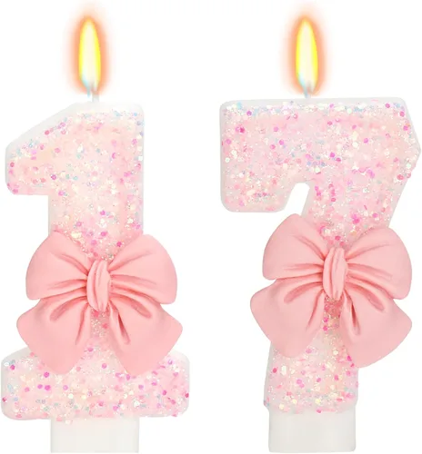 Vista 77 de Vela de cumpleaños para pastel, vela 0 - purpurina rosa con lazo, vela de feliz cumpleaños de 2.76 pulgadas, adorno superior de pastel para fiestas