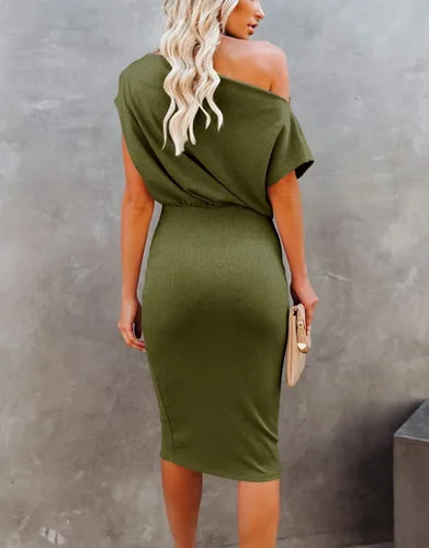 Vista 7 de Ezbelle - Vestido por debajo de la rodilla ajustado al cuerpo para mujer, con hombro descubierto y manga corta, vestido acanalado informal
