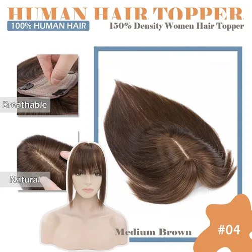 Vista 2 de Hairro Toppers de cabello humano para mujer, clip en Remy Topper postizo con flequillo, clip en tupé con flequillo Wispy Flequillo, pérdida