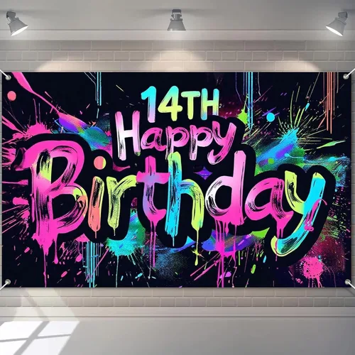 Vista 9 de HOMETITUTE Pancarta de Neón de Feliz 10mo Cumpleaños 71 x 43 pulgadas, Salpicadura de Pintura que Brilla en la Oscuridad, Telón de Fondo