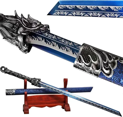 Vista 12 de Espada de hoja recta de acero al carbono hecha a mano con patrón genial, espada Dragón Tang Dao china Dorado