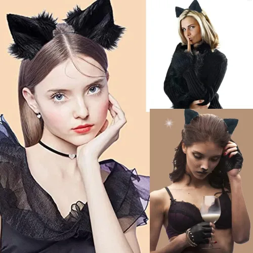 Vista 6 de Juego de orejas y cola de zorro para niños, cola de zorro esponjosa, disfraz de fiesta de disfraces, llavero de cola de zor