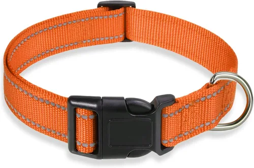 Vista 9 de Collar reflectante para perros con hebilla, collares de nailon ajustables de seguridad para perros pequeños, medianos y grandes, color negro XXS