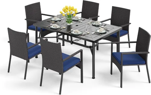 Vista 20 de PHI VILLA Juego de comedor al aire libre de 7 piezas para 6, mesa rectangular de hierro forjado de 152 cm con orificio para sombrilla y sillas