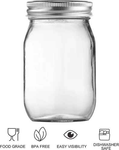 Vista 11 de BEWAVE Frascos de vidrio Mason, frascos de vidrio transparentes de 16 oz con tapas para sellar, frascos de boca normal para enlatado de alimentos